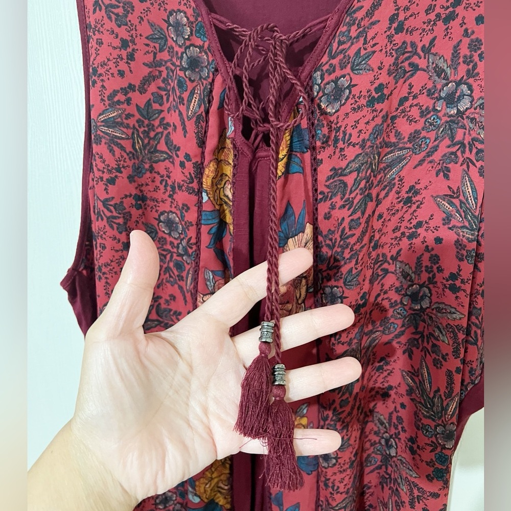 [Maurices] Burgundy Mixed Print Mixed Media Sleeveless Top Beachy Cottagecore 3X - Picture 5 of 9